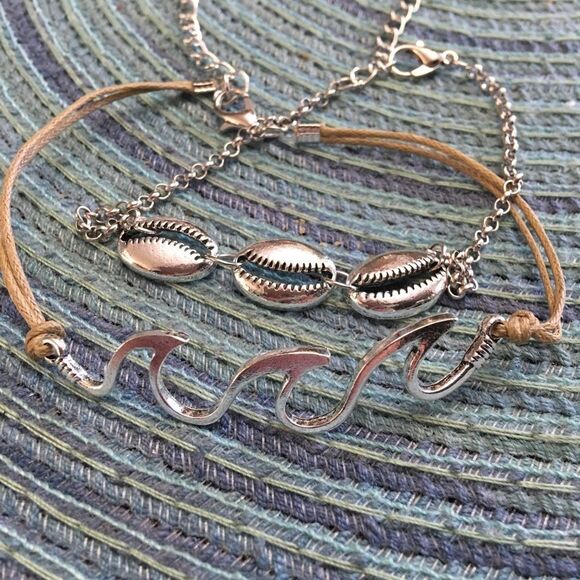 Bohemian Ocean Wave & Seashell Silver Anklet (U3) - Picture 3 of 6